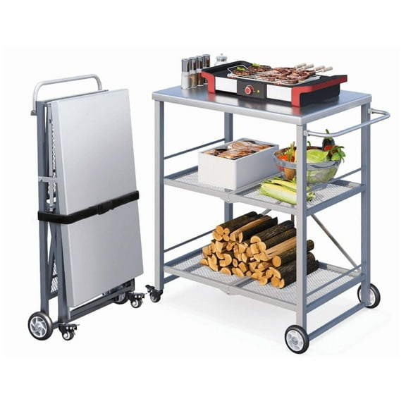 Outdoor Grill Cart Table Stainless Steel Stand Trolley Table w/ Wheel,