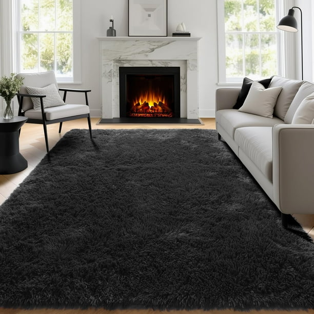 Alfombra de interior esponjosa de felpa negra de 6 x 9 pies de Rug PAGISOFE
