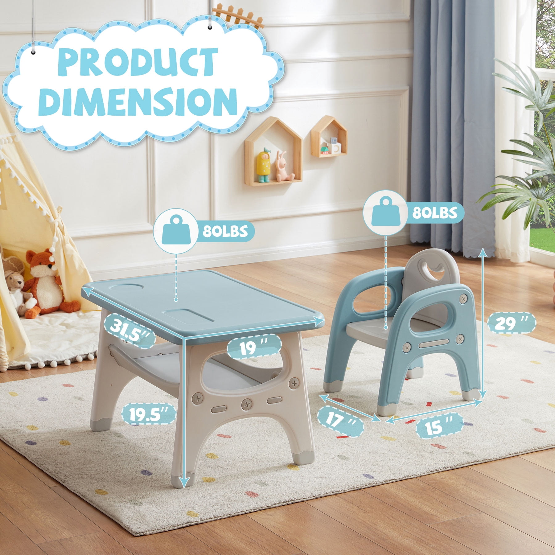 DOREROOM Kids 3-Piece Waterproof Activity Table and Chair Set, Blue
