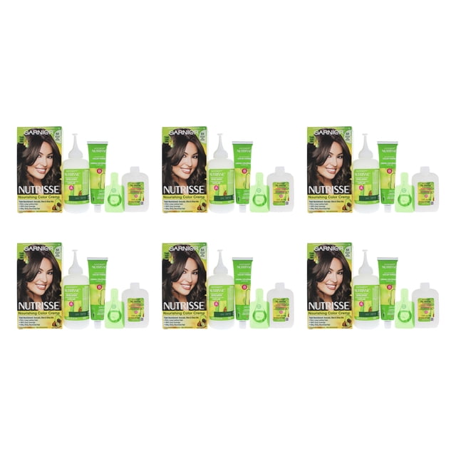 garnier color de pelo nutrisse color crema nutritiva 51 castaño ceniza medio 1 application — Caja frontal con pack de tintura y accesorios visibles: frasco aplicador, tubo revelador y acondicionador en envases verde y blanco, vista frontal sobre fondo blanco; fórmula nutritiva indicada para cobertura de canas según especificaciones.
