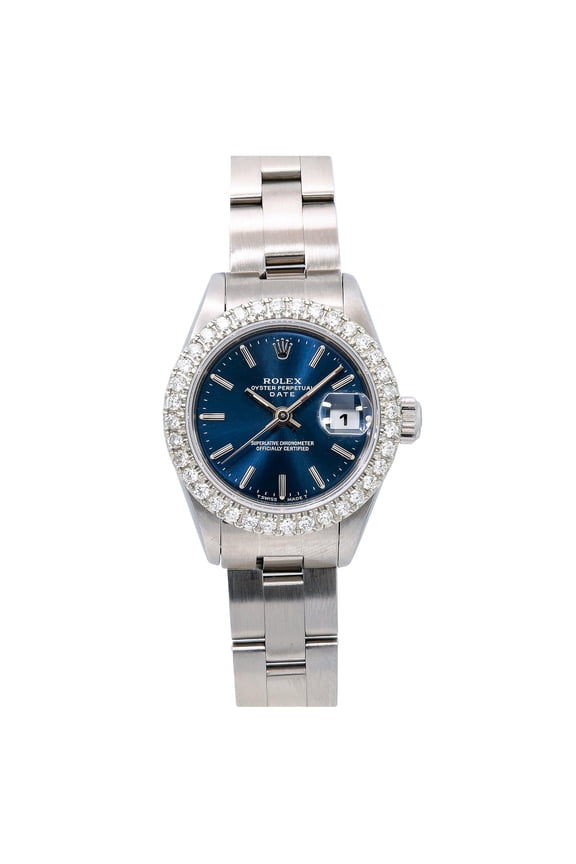 Pre-Owned Rolex Date 26MM 69160 Blue Dial Diamond Bezel Stainless Steel Oyster Bracelet