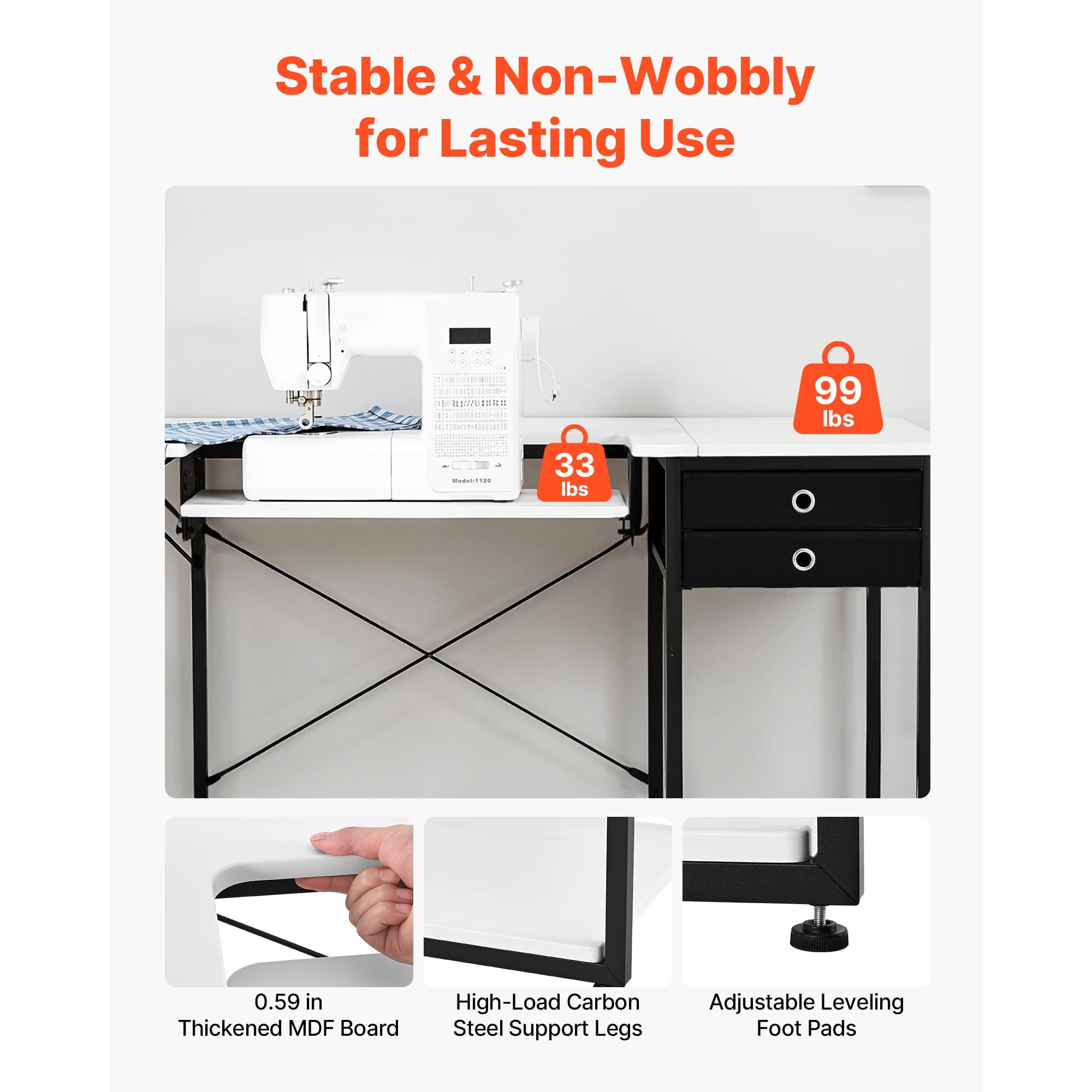 KFFKFF Multipurpose Sewing Machine Table with Drawers, Foldable Side Shelf, Adjustable Storage, Steel Frame, Versatile Desk for Home, Studio, or Educational Use