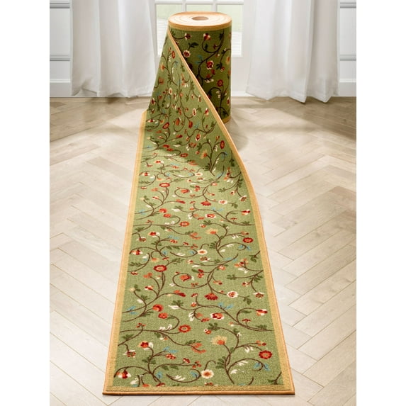 Custom Size 22" Wide Runner Non-Slip Rubber Backed Machine Washable Hall - 22 Inch Wide x 60 Feet Long Runner (22" x 60' Runner) Rug Jenni Green Blue Botanical Floral Indoor Outdoor Low Pile