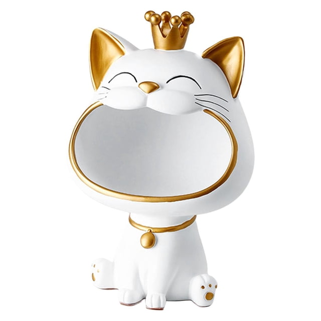 Figura de gato de la suerte de boca grande, soporte de almacenamiento de escritorio para llaves y dulces con forma de animal de resina. blanco