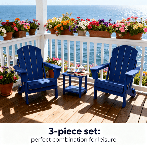Folding Adirondack Chair with Side Table, 3-Piece Adirondack Chair Set with Wood Texture, Navy Blue(includes 2 Chairs and 1 Table)