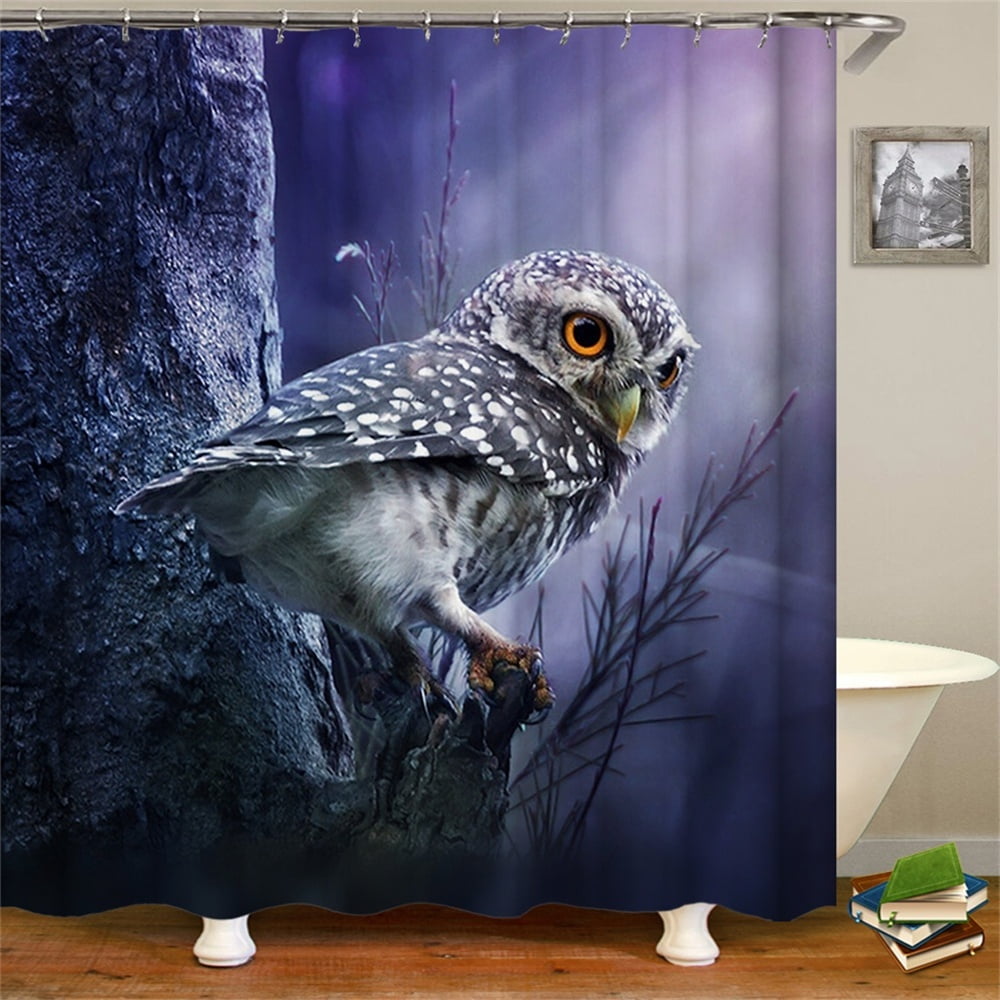 Shower Curtain With Hooks Little Owl Night Bird Trees Foggy Forest Epic