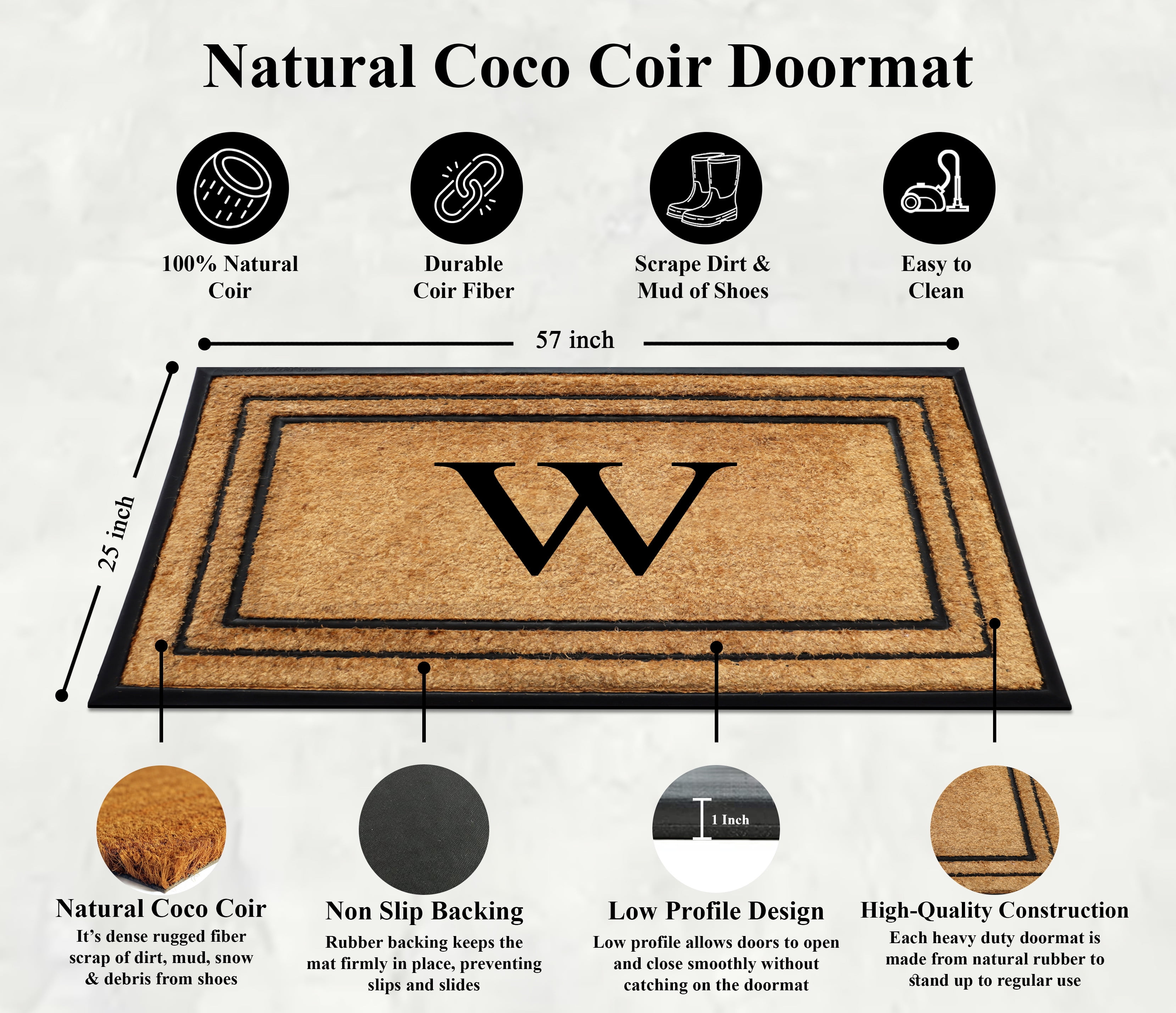 A1 Home Collections Natural Coir & Rubber Door Mat, Long-Lasting Entrance Doormats for Front Door, Thick & Non-Slip Durable Outdoor Entry Mat 25" x 57"