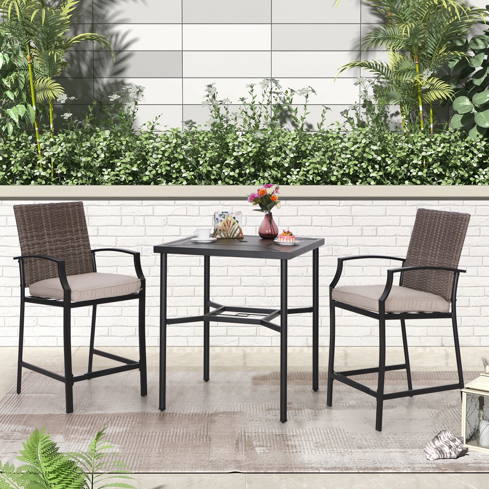 MF Studio 3Piece Outdoor Patio Bar Stools Set with Rattan Cushioned