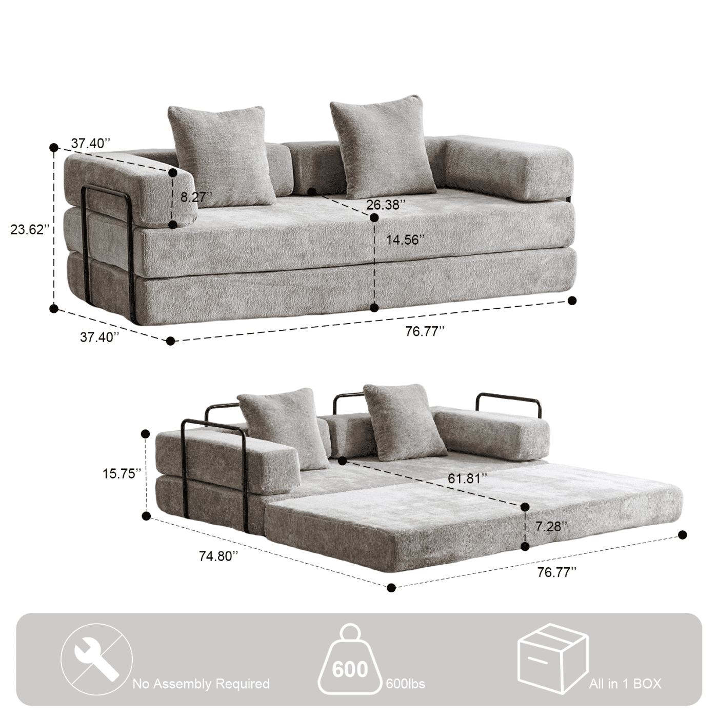 Convertible Sleeper Sofa Bed with Pillows, Chenille Folding Mattress Couch with Fixed-Shape Frame, Floor Sofa Bed Couch for Living Room Bedroom Lounge,Light Gray+Chenille