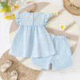 thumbnail image 3 of XIMIN Toddler Baby Girl Outfits Floral Embroidery Smocked Clothes Infant Spring Waffle Short Sleeve Shirt Tops Cute Elastic Waist Shorts Set Casual Spring and Summer (4, Light Blue), 3 of 7