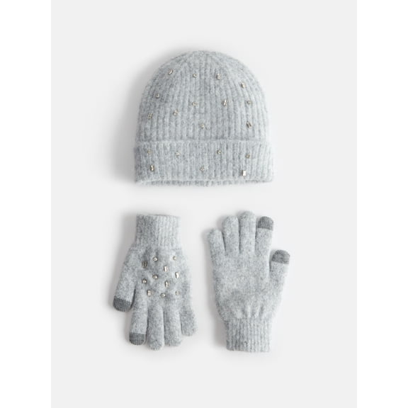 Free Assembly Women's Embellished Beanie Hat and Gloves Set, 2-Piece, Light Grey Heather