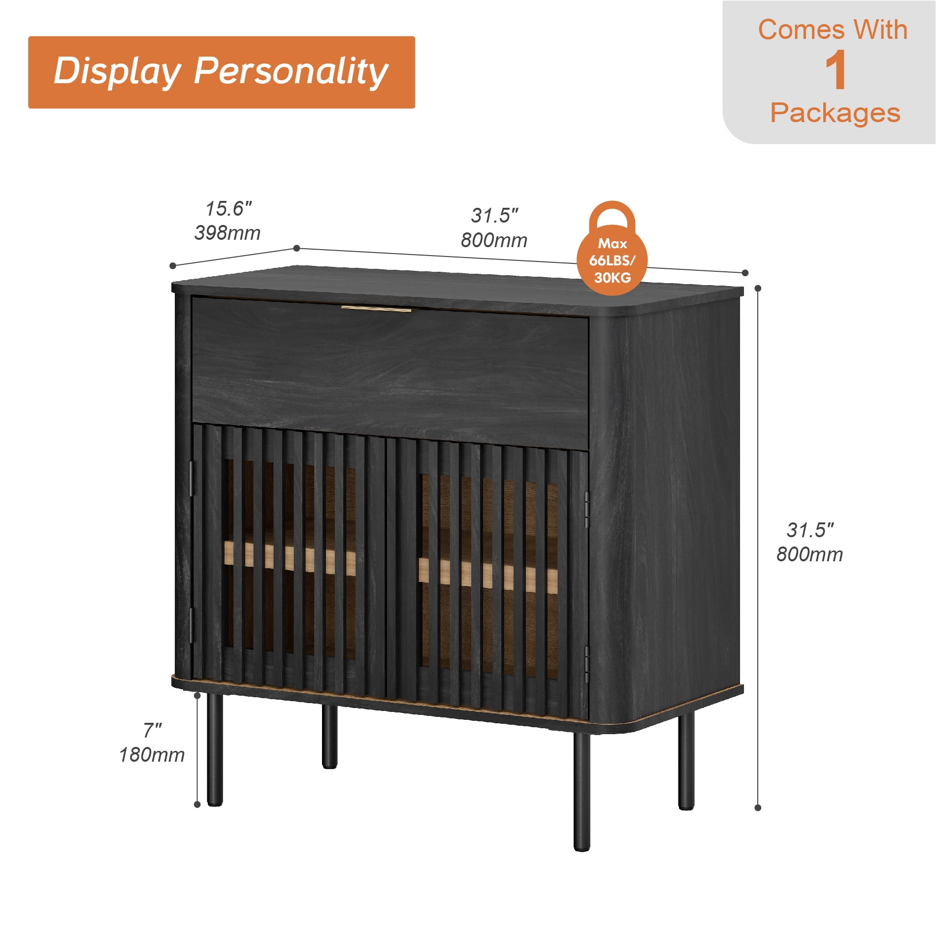 31.5" Sideboard Buffet Cabinet with Storage - Fluted Kitchen Credenza Cabinet with Pop-up Doors and Drawer, Black