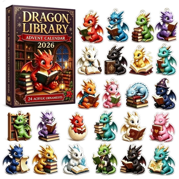 YIDIXING Multicolor 2D Acrylic Dragon Library Advent Calendar, 24 Days Christmas Countdown Hanging Ornaments, Gift for Book and Dragon Fans