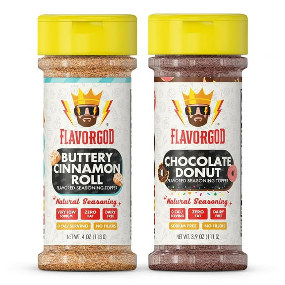 Flavor God Dynamic Dessert Duo Pack of 2 Seasoning Topper Gift Set, Buttery Cinnamon Roll & Chocolate Donut, Natural Healthy Blend For Donuts, Fruit Ice Cream, Coffee, Low Sodium, Gluten & Dairy Free