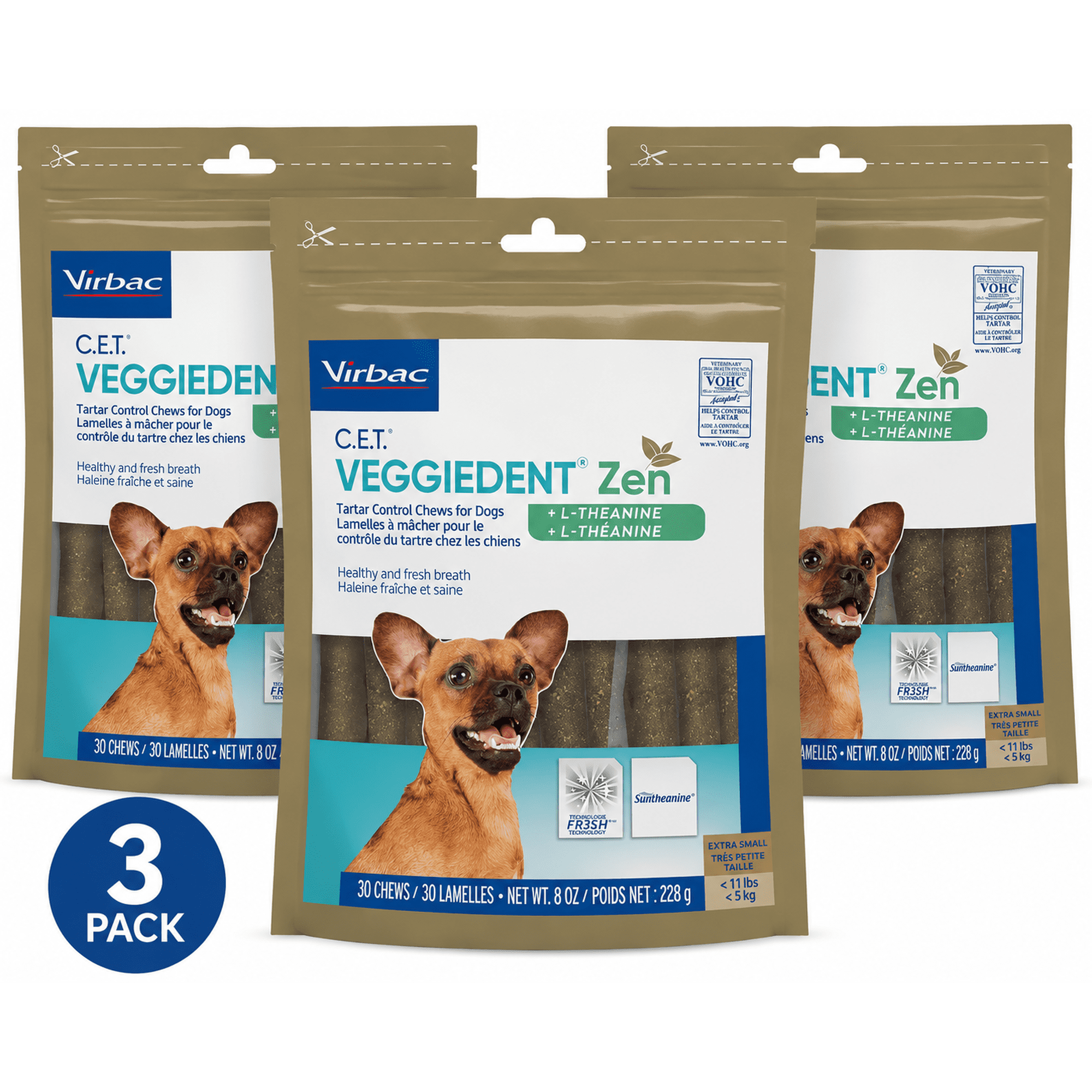 Virbac C.E.T. VeggieDent Zen for Extra Small Dogs Under 11 lbs, 90 chews (3 Pack)