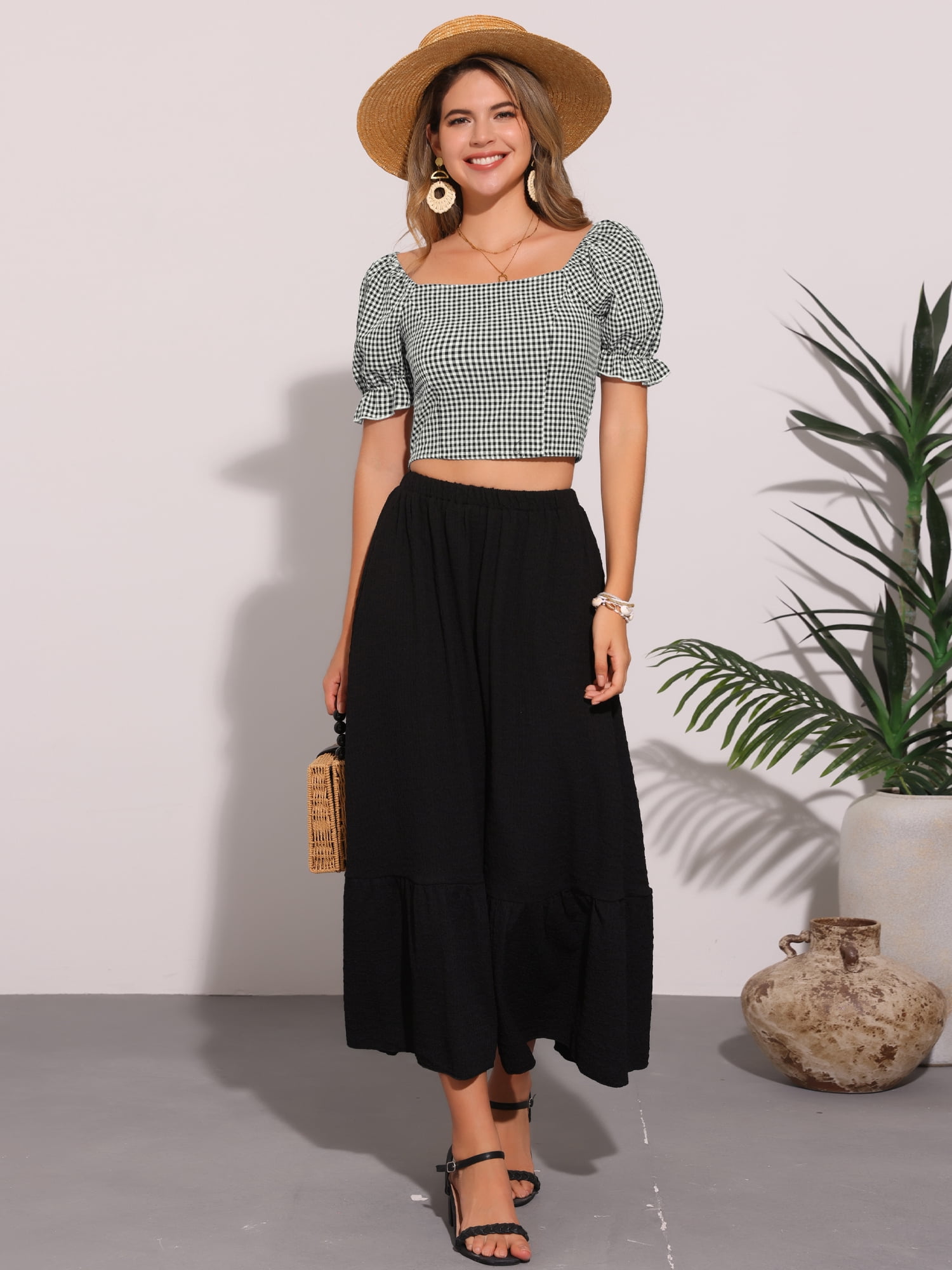 DARING DIVA Women's Smocked Crop Bubble Sleeve Peasant Gingham Tops L Black White