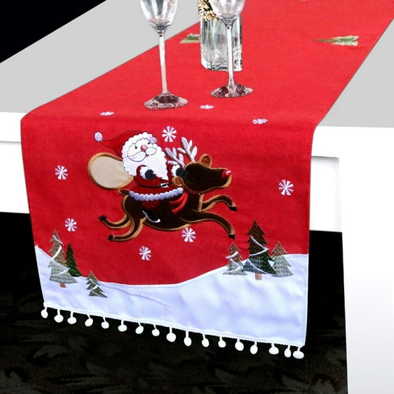 Christmas Table Runner Polyester 71" x 16" Round Table Linen w/ Embroidered Xmas Patterns Dining for Christmas Party Supplies Decorations