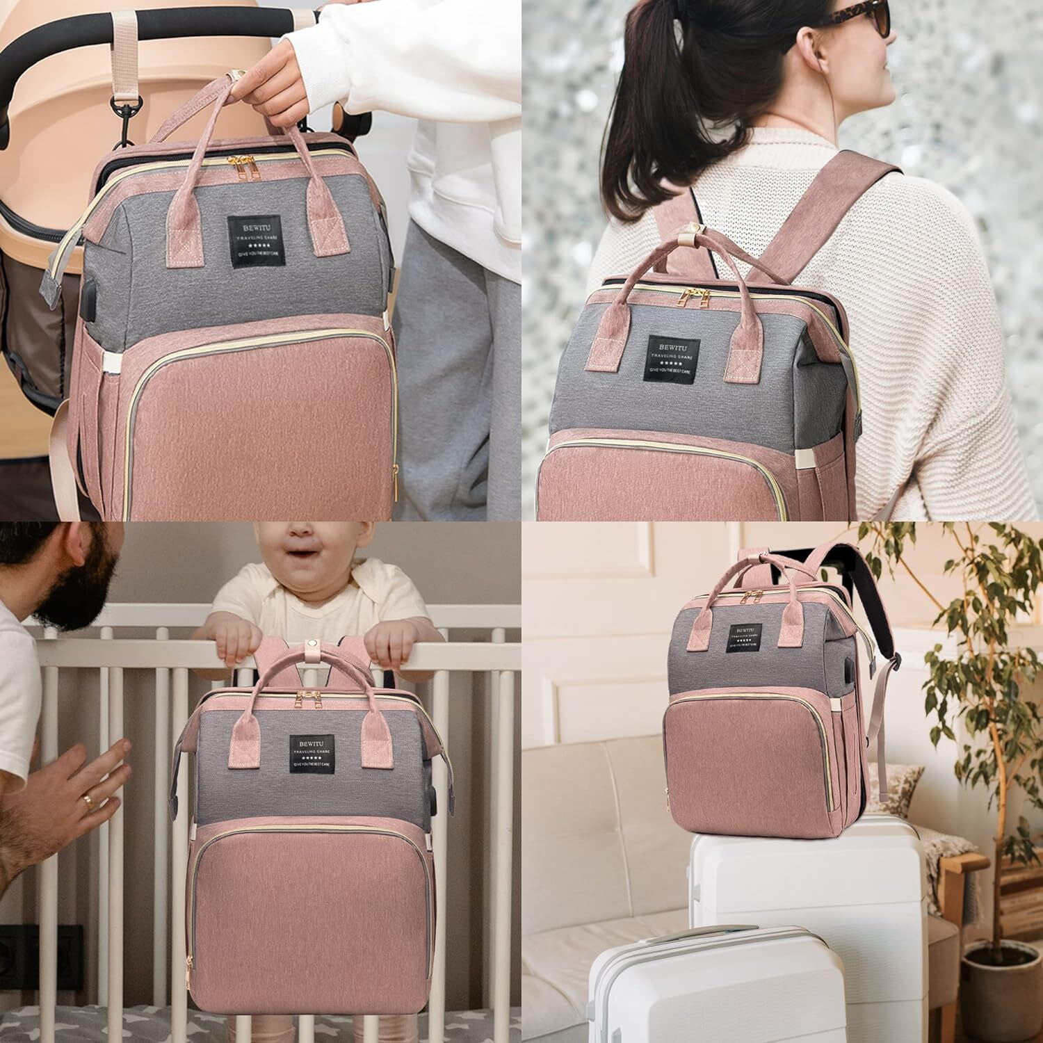 LQQBOX Diaper Bag with Changing Station,Diaper Bag Backpack,Girl Boy Diaper Bag,Large Capacity,900d Excellent Oxford(Ungrade Pink Grey)