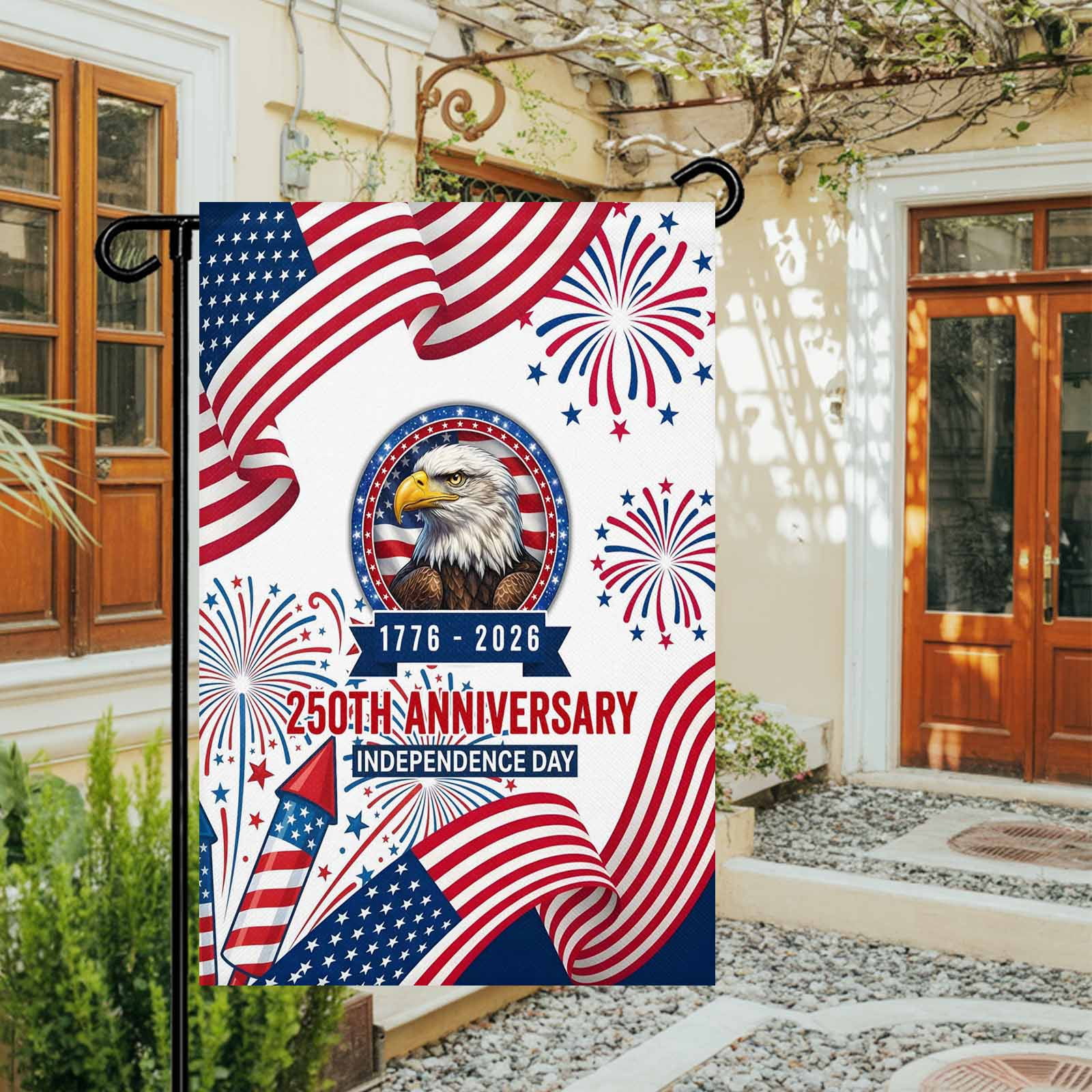 4th of July Garden Flags 250th Anniversary Garden Flag Double Sided Welcome Flag Eagle Fireworks USA Flag Independence Day Yard Flags for Outdoor Lawn Porch Memorial Day Holiday Decor 28x40 Inch