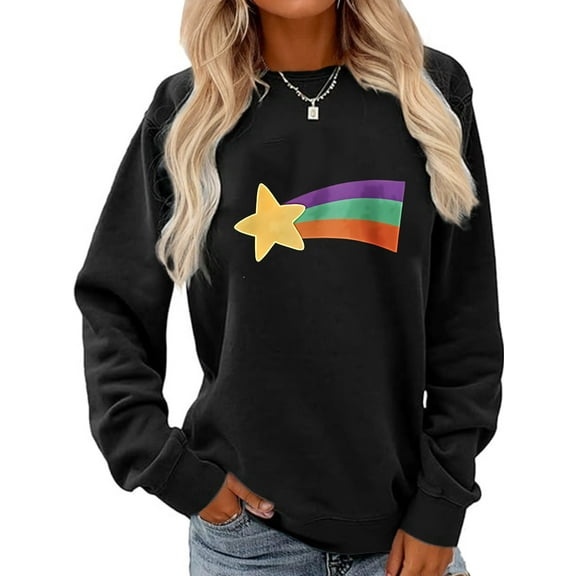 Women Crewneck Sweatshirt Star and Rainbow Graphic Shirt Casual Loose Long Sleeve Black Top