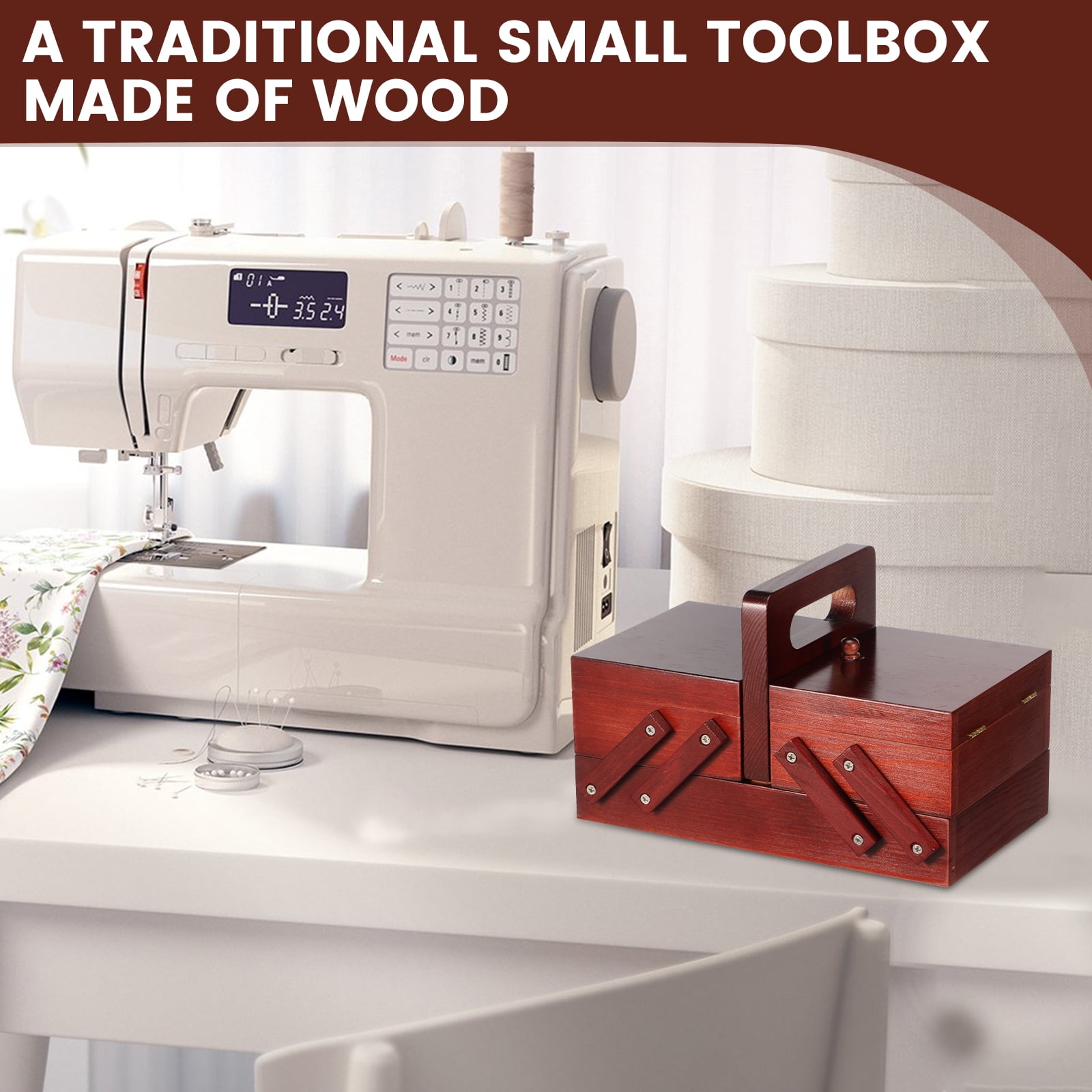 Threns Wood Sewing Basket with Handle Expandable Sewing Box Without Contents Multifunctional Craft Box for Home Travel and Emergency