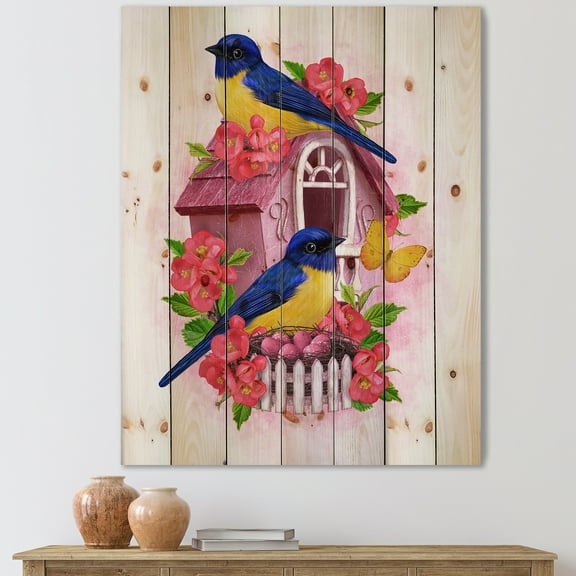 Designart 'Two Yellow and Blue Tit Birds Sitting Near The Nest' Traditional Print on Natural Pine Wood