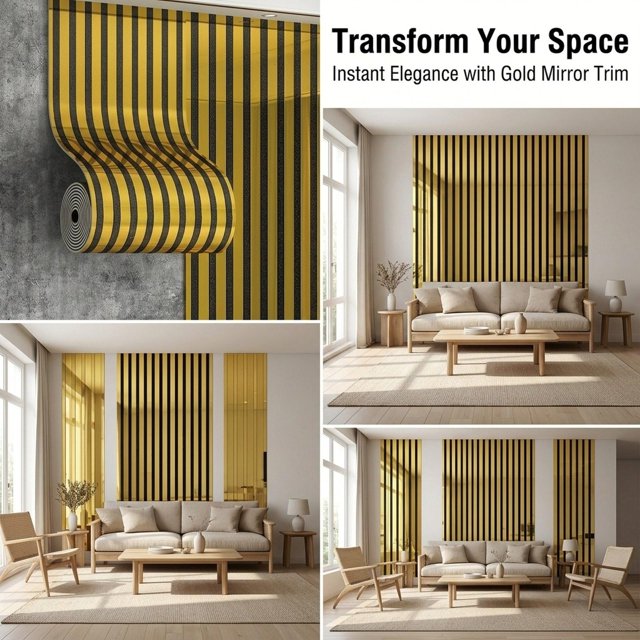 Paneles pared con espejo a rayas, pegatinas espejo para pared, elegantes y multiusos, 15,75 x 118,11 pulgadas, calcomanías, papel tapiz para Oro