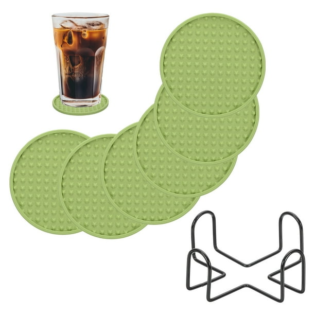 Juego de 6 Posavasos Redondos con Soporte, Antideslizante, Resistente al Calor, Verde Claro