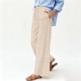thumbnail image 6 of Cotton Linen Casual Trousers for Women Elastic High Waist Drawstring Loose Breathable Lounge Pants with Pockets (XL, Beige), 6 of 8
