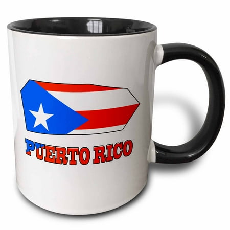 3dRose The flag of Puerto Rico in the outline map and name of the country Puerto Rico - Two Tone Black Mug,