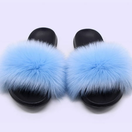 

XWQYRG Women Fuzzy Slippers Color Block Fluffy Slides Furry Slipper Breathable Shoe Outdoor Lightweight Faux Home Shoes Royal