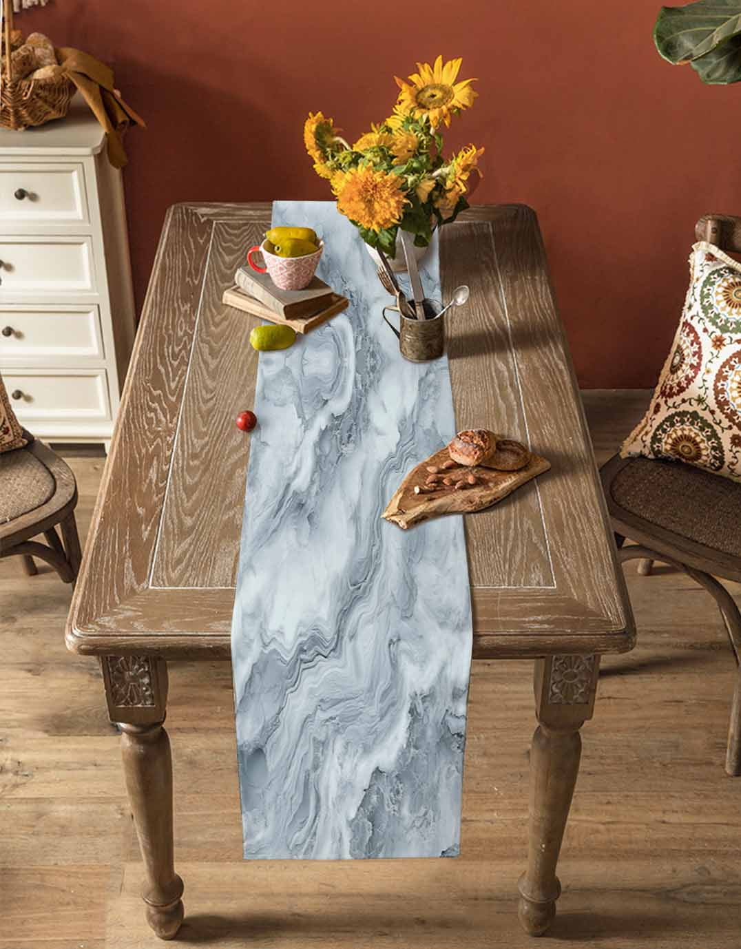 Table Runner Dresser Scarves 72 Inch Long,Abstract Gray Water Ripple Stripe Linen Dining Table Runners Natural Marble Texture Tabletop Scarf for Wedding Holiday Party Kitchen