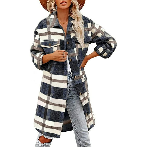 BLTIBY Women's Oversized Plaid Jacket Fall Winter Flannel Spread Collar Button Down Outwears Casual Loose Tartan Trench Coats with Pockets Blue XXL
