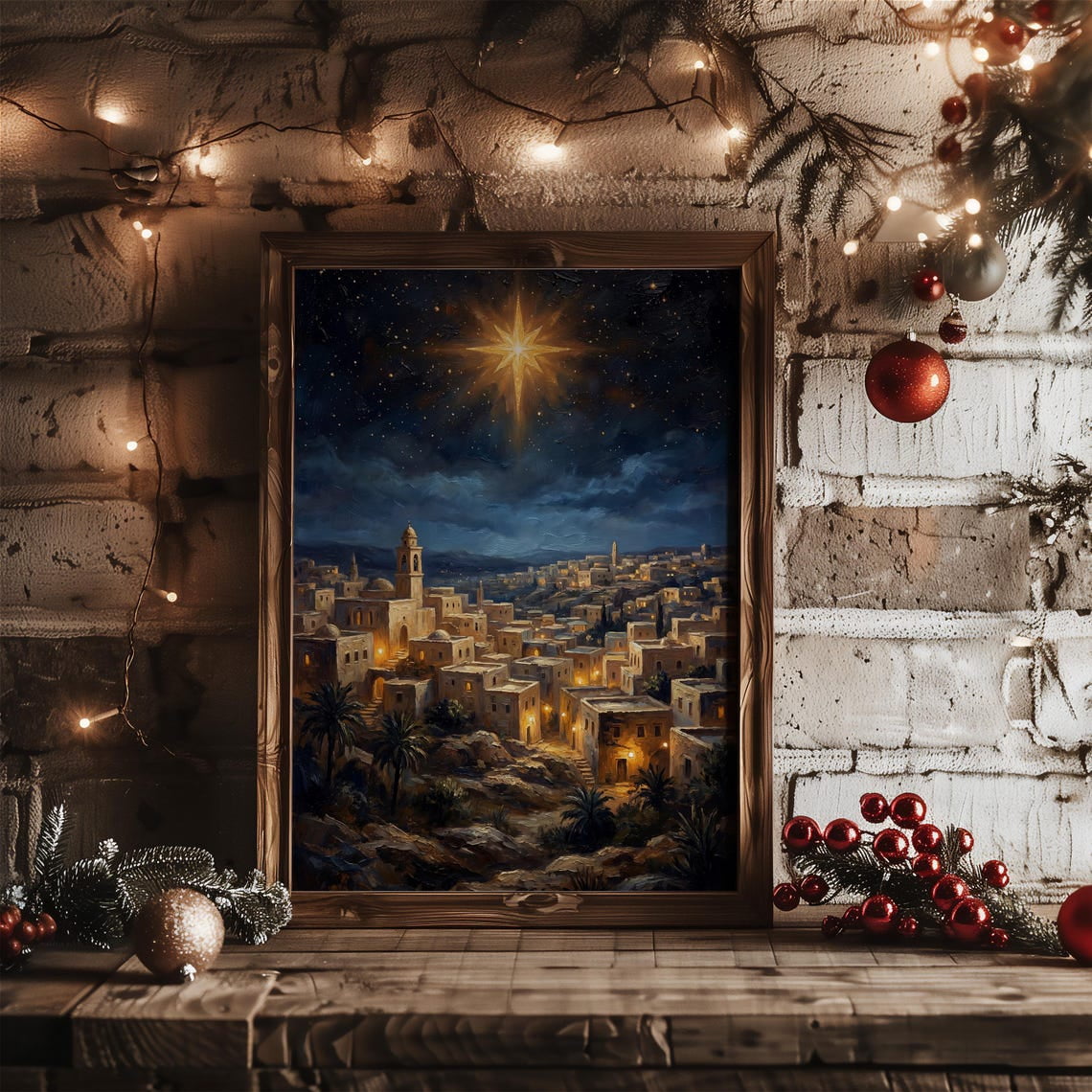 Star of Bethlehem. O Little Town of Bethlehem. Nativity Landscape. Holy Night . Christian Christmas Decor Wall Art