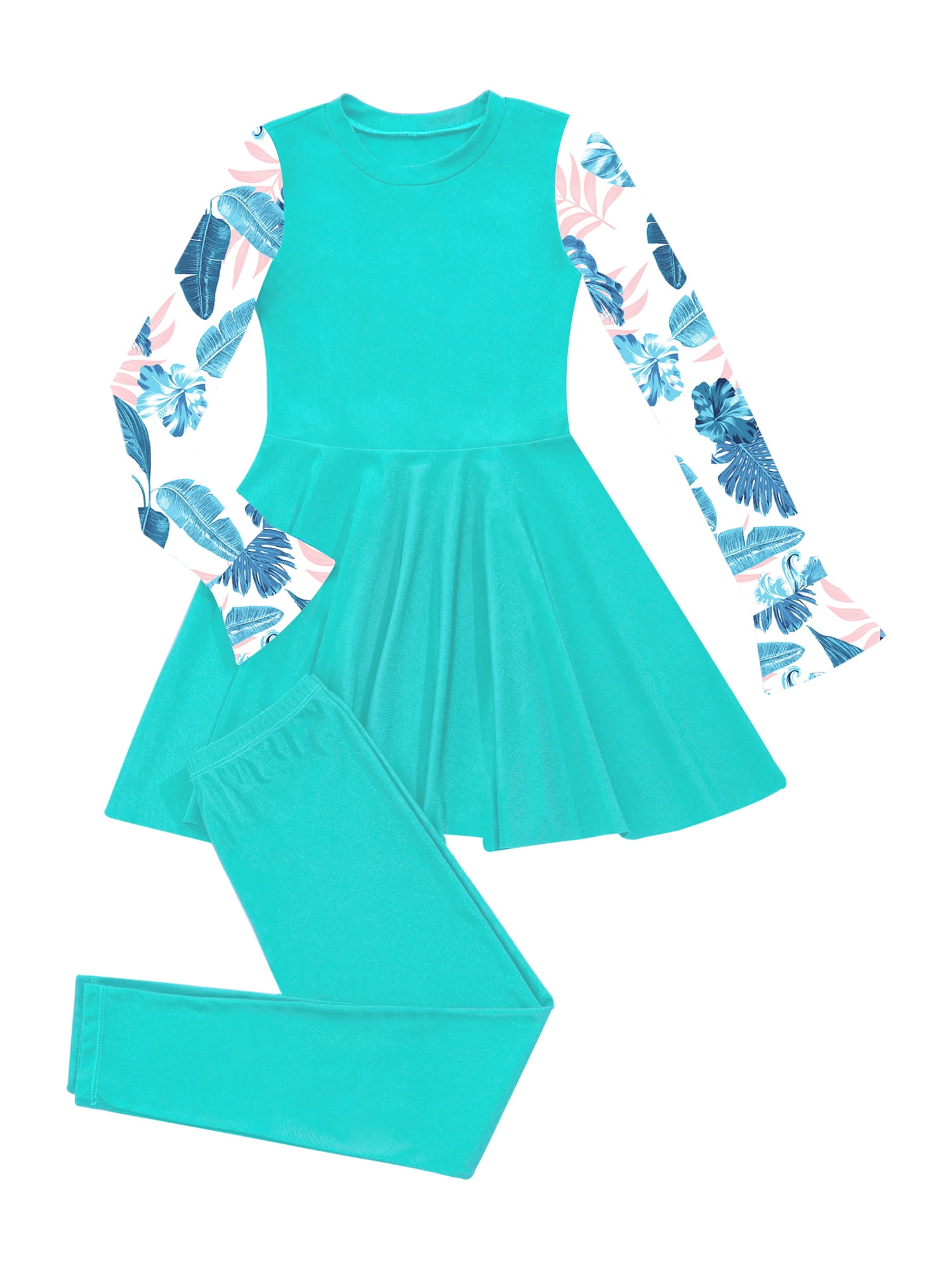 Yeahdor Girls Muslim Swimsuit Full Cover Long Sleeve Dress with Swim Trunks Islamic Full Body Swimsuit Lake Green 16