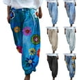 thumbnail image 4 of Casual Linen Harem Pants for Women Denim Print Loose Elastic High Waisted Wide Leg Baggy Jeans Floral Pattern Hippie Trousers, 4 of 4