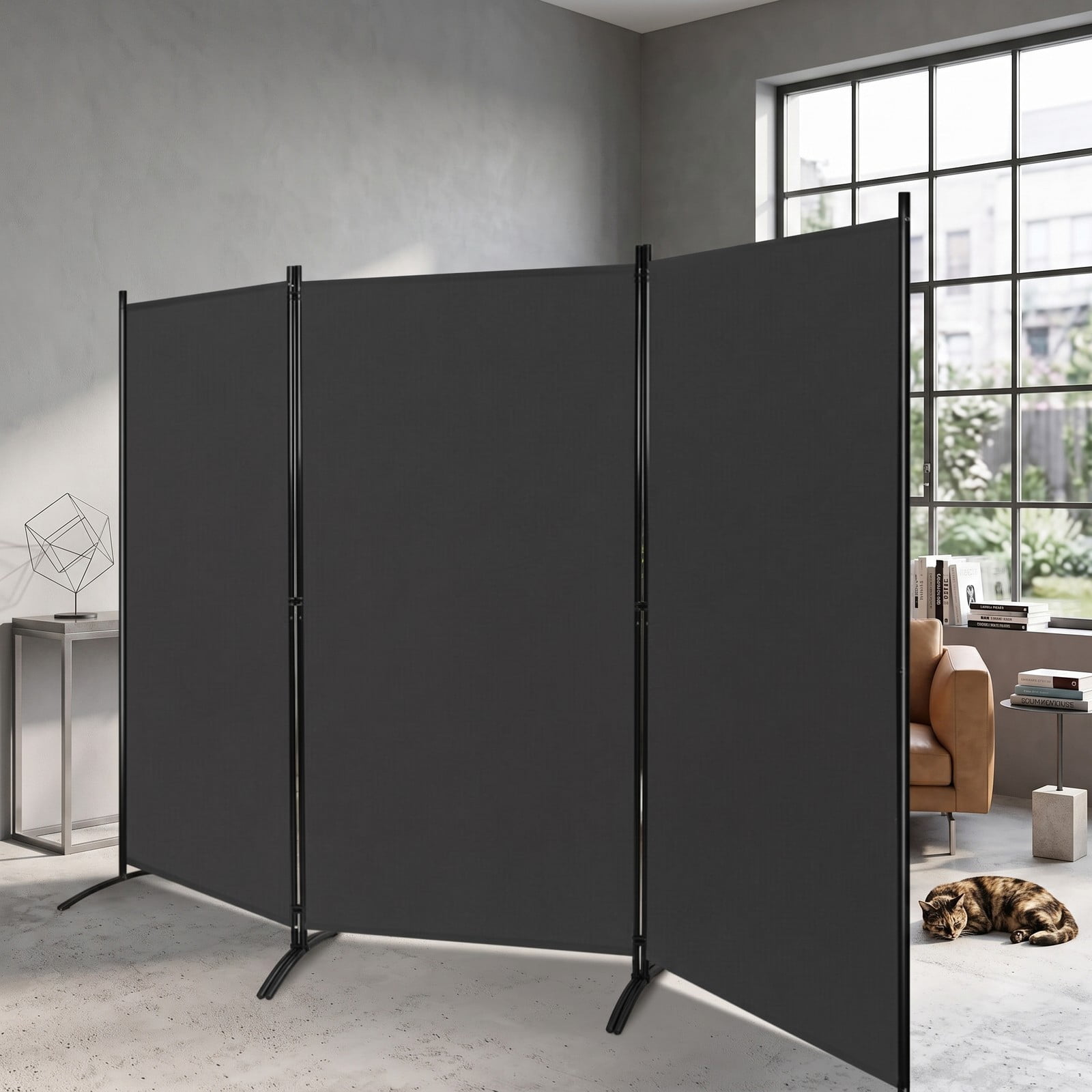 ALPULON 3-Panel Room Divider Folding Privacy Screen, 6 FT Freestanding Partition Panel Screen with Durable Hinges and Steel Base for Office, Bedroom, Home Decor, Black