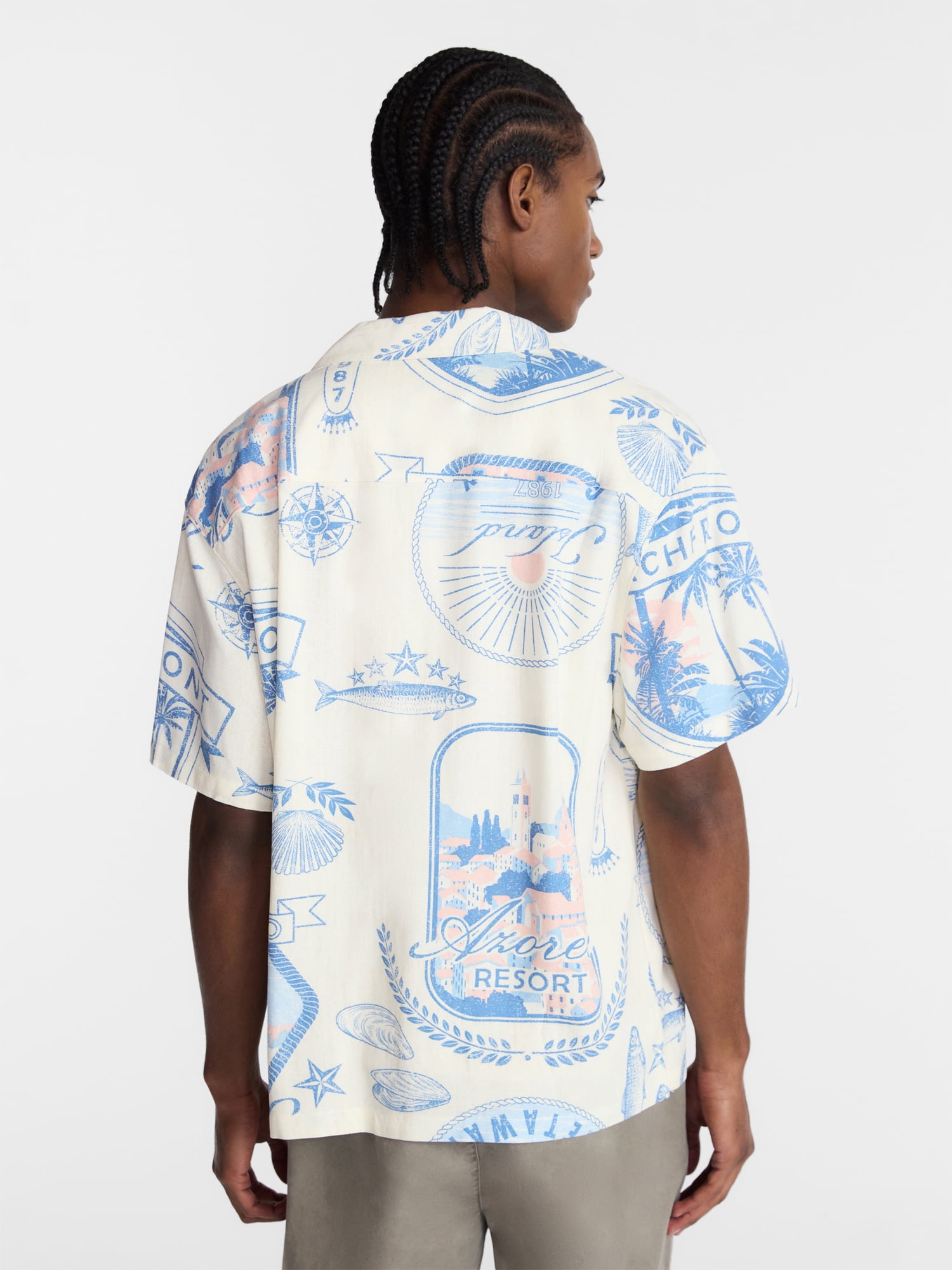 No Boundaries Boxy Fit Linen Blend Patterned Resort Shirt, Men's XS-4XLT