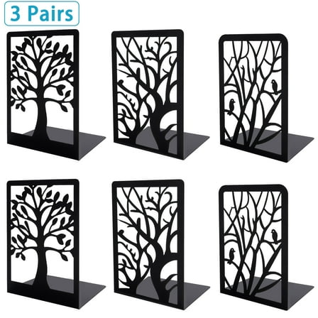 cyrico Book Ends for Shelves, 3 Pairs Metal Bookends Decorative for Heavy Books Tree Book Holders Heavy Duty Book Stopper for Home Office School, 6.6 x 4.7 x 3.5 Inch, Black