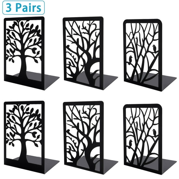 cyrico Book Ends for Shelves, 3 Pairs Metal Bookends Decorative for Heavy Books Tree Book Holders Heavy Duty Book Stopper for Home Office School, 6.6 x 4.7 x 3.5 Inch, Black