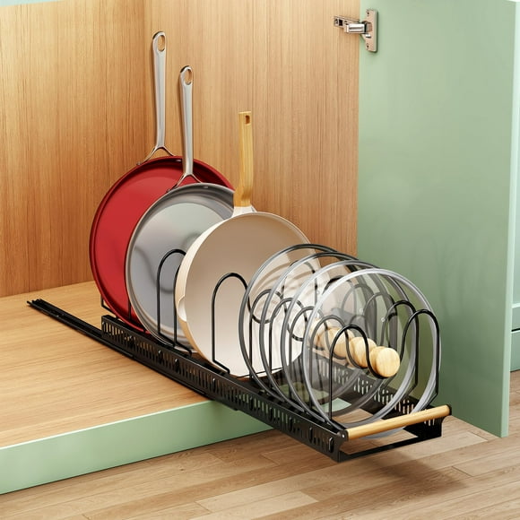 Pots and Pans Organizer for Under Cabinet, Pull out Pan Organizers Rack Inside Cabinet for