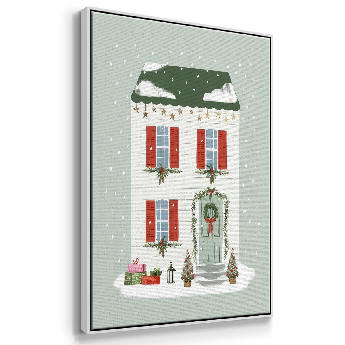 Festive Front Door IV - Framed Gallery Wrapped Holiday Canvas - 17 x 25 - White Frame