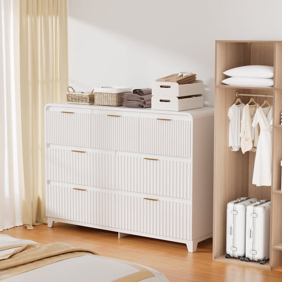 VNT 55" Long Dresser for Bedroom, Modern White Dresser with 7 Drawers & Anti-Tip Kit