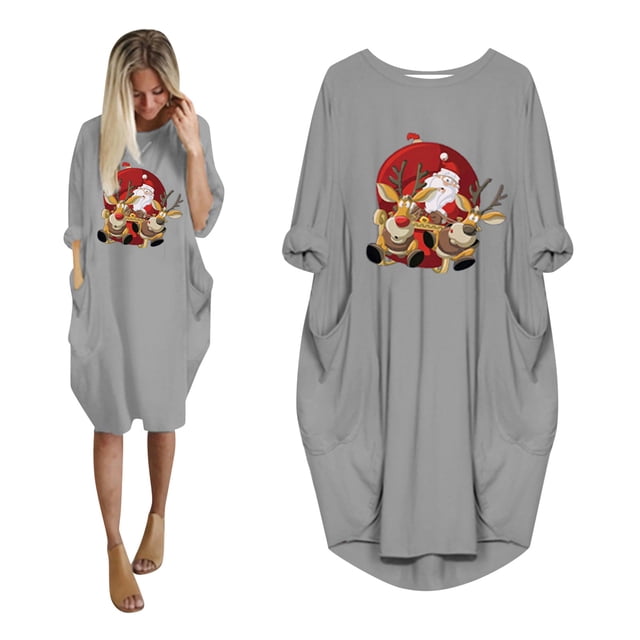 LSLJS The Fashion Women's Winter Plus Size Loose Pocket Christmas Printed Dress