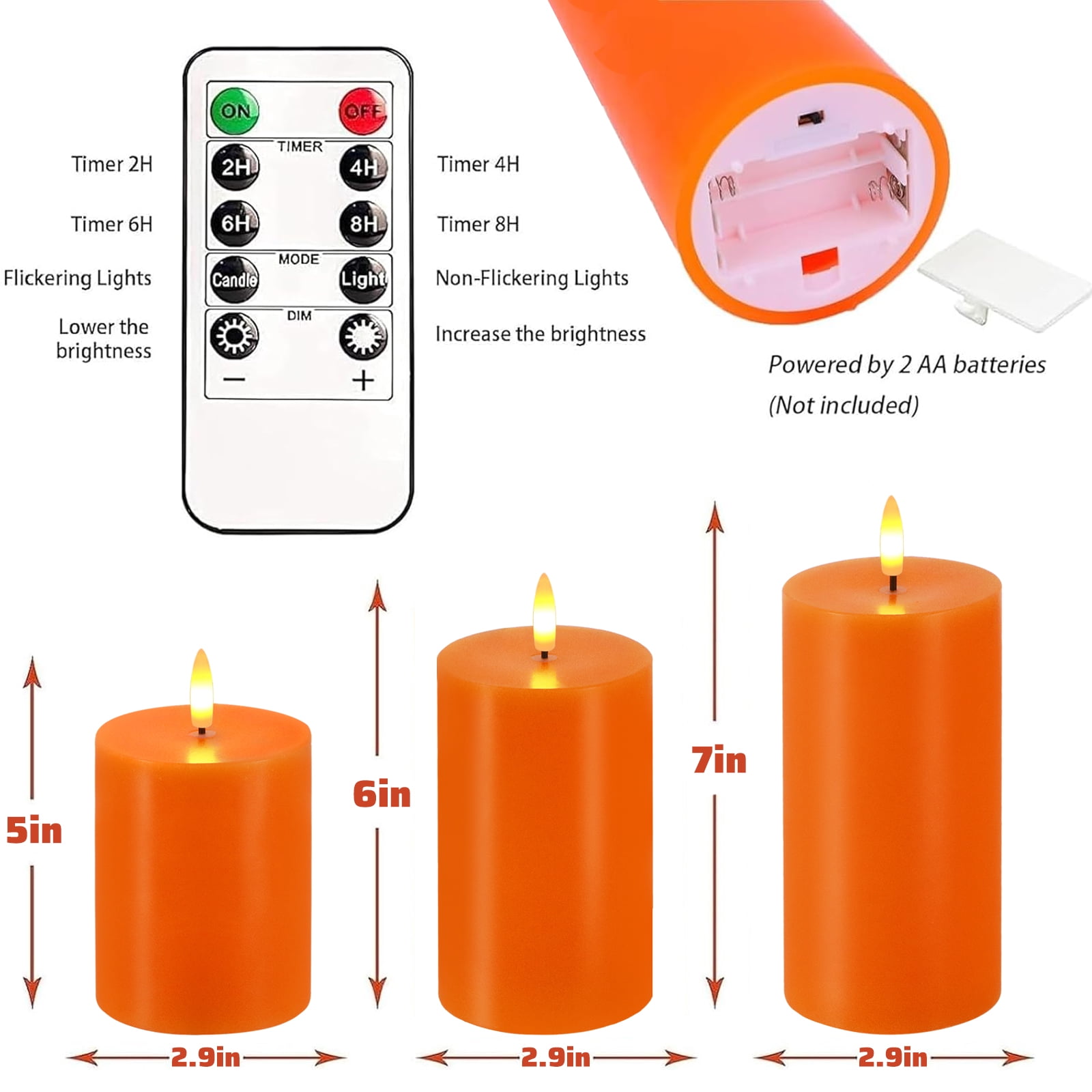 Orange Flameless Candles, Set of 3 Flickering LED Candles with Remote & Timer, Dimmable Real Wax Electric Pillar Candles Battery Operated, Orange Candles for Fall Thanksgiving Halloween Decor