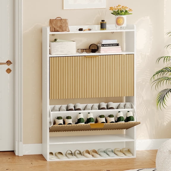 Wooden Shoe Cabinet with 2 Flip Drawers & Open Storage Shoe Rack Organizer for Entryway Hallway,Bedroom,Living Room,Apartment,White