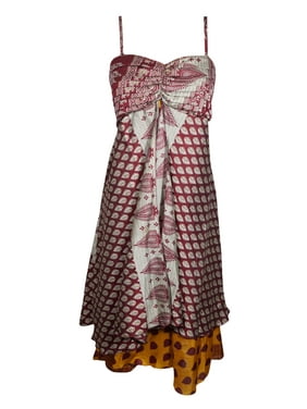 Mogul Women Floral Dress, Beach Dress, Red White, Layered Spaghetti Strap Boho Recycled Sari Printed Dresses SM