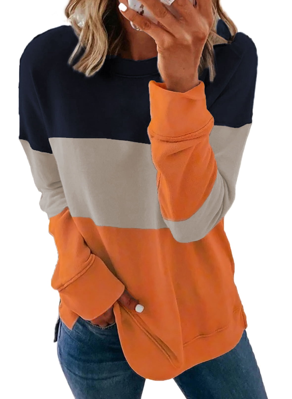 FARYSAYS Women's Casual Crewneck Sweatshirt Long Sleeve Loose Side Split Pullover Tops 