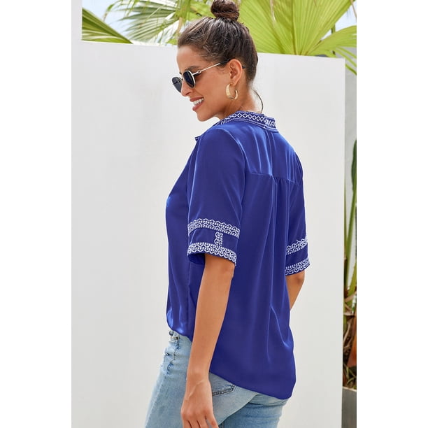 ABPHQTO Blusa azul con bordado en la parte delantera y mangas hasta el codo para mujer