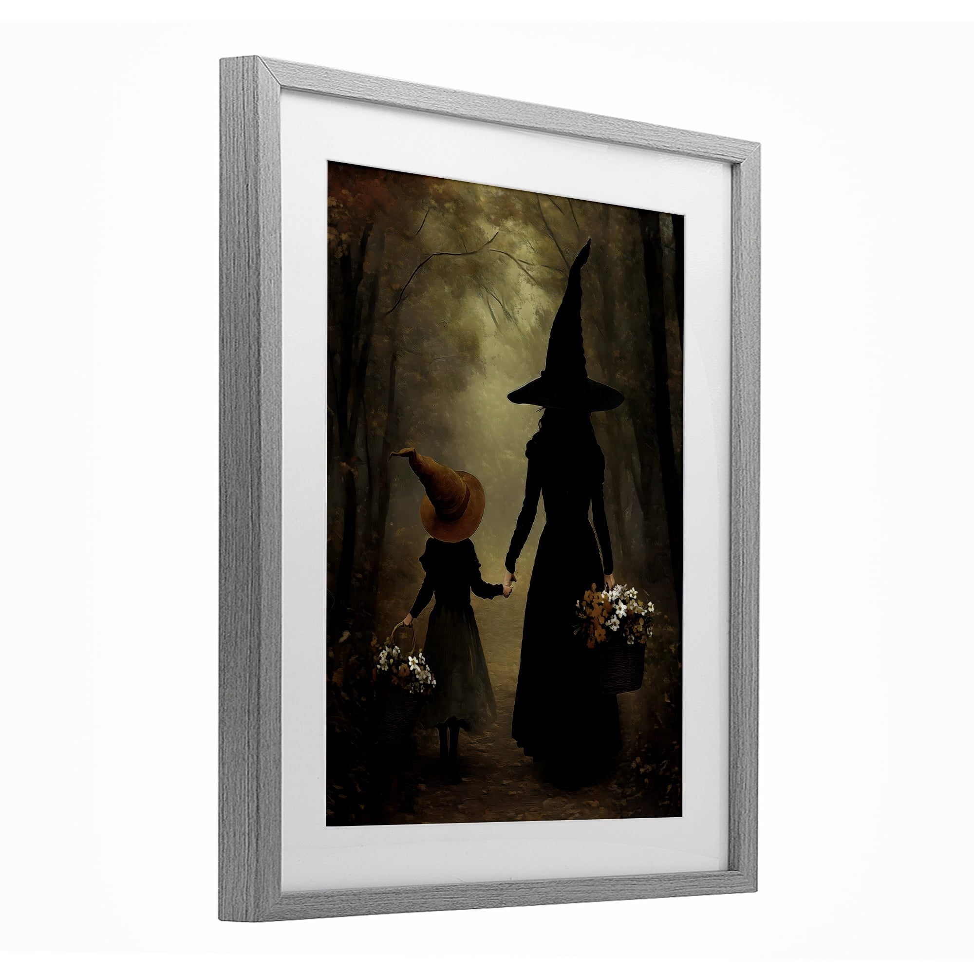 Witch & Daughter Mystical Forest Gray Framed Print Under Glass, design by Arlington Prints